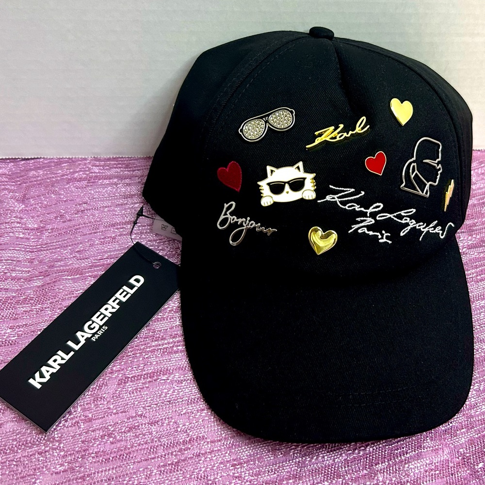 New Karl Lagerfeld Paris Hat Adjustable Strap Black Hat Cap  NWT